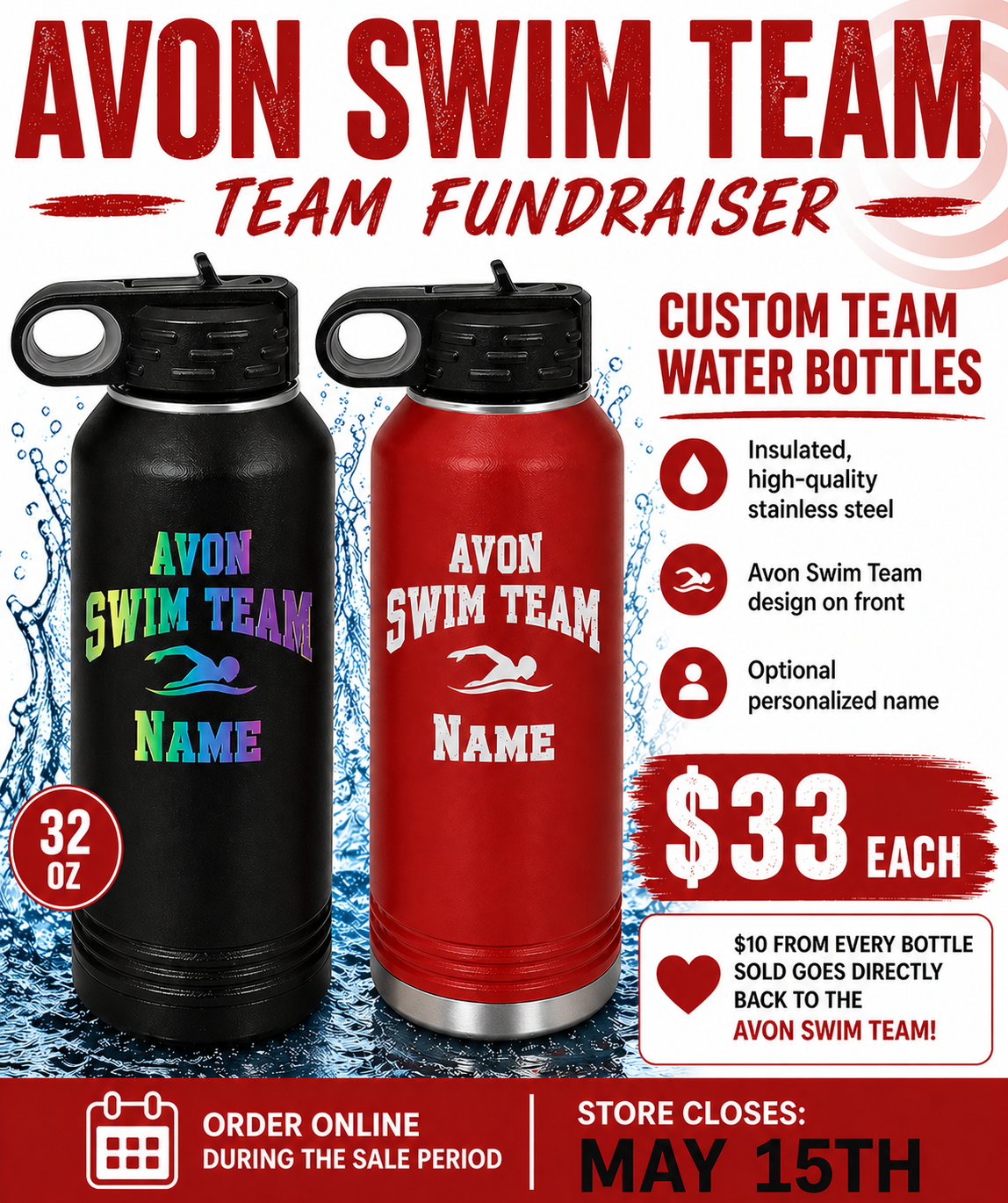 Avon Swim Team Fundraiser Water Bottle – 32 oz Polar Camel